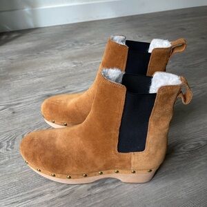 Tan Suede Ankle Boots with Faux Fur Lining, Size 9